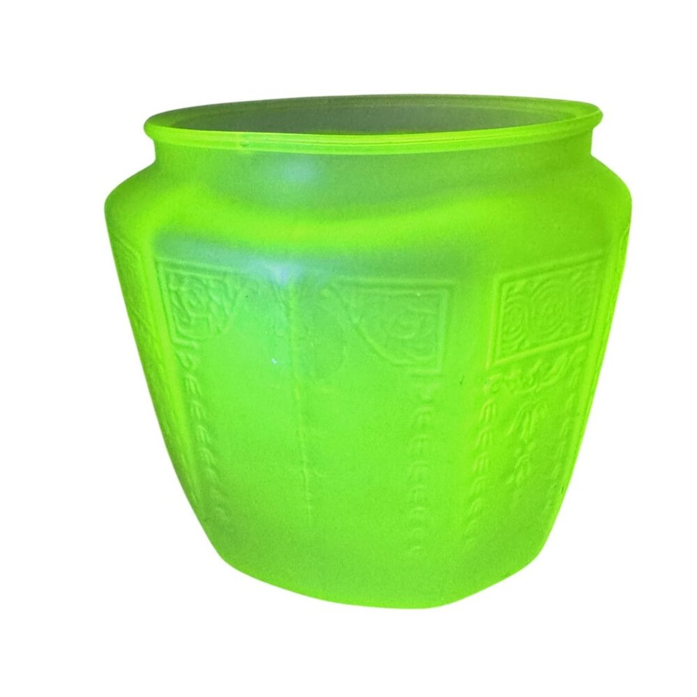 Vintage bright Green Uranium Glass vaseline satin Vase Embossed Art Deco
